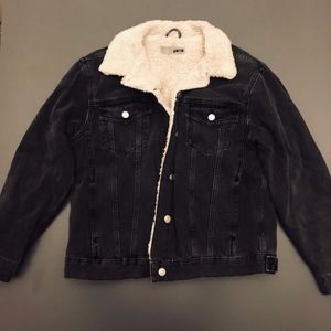 Topshop Black Denim Jacket with Borg Lining
